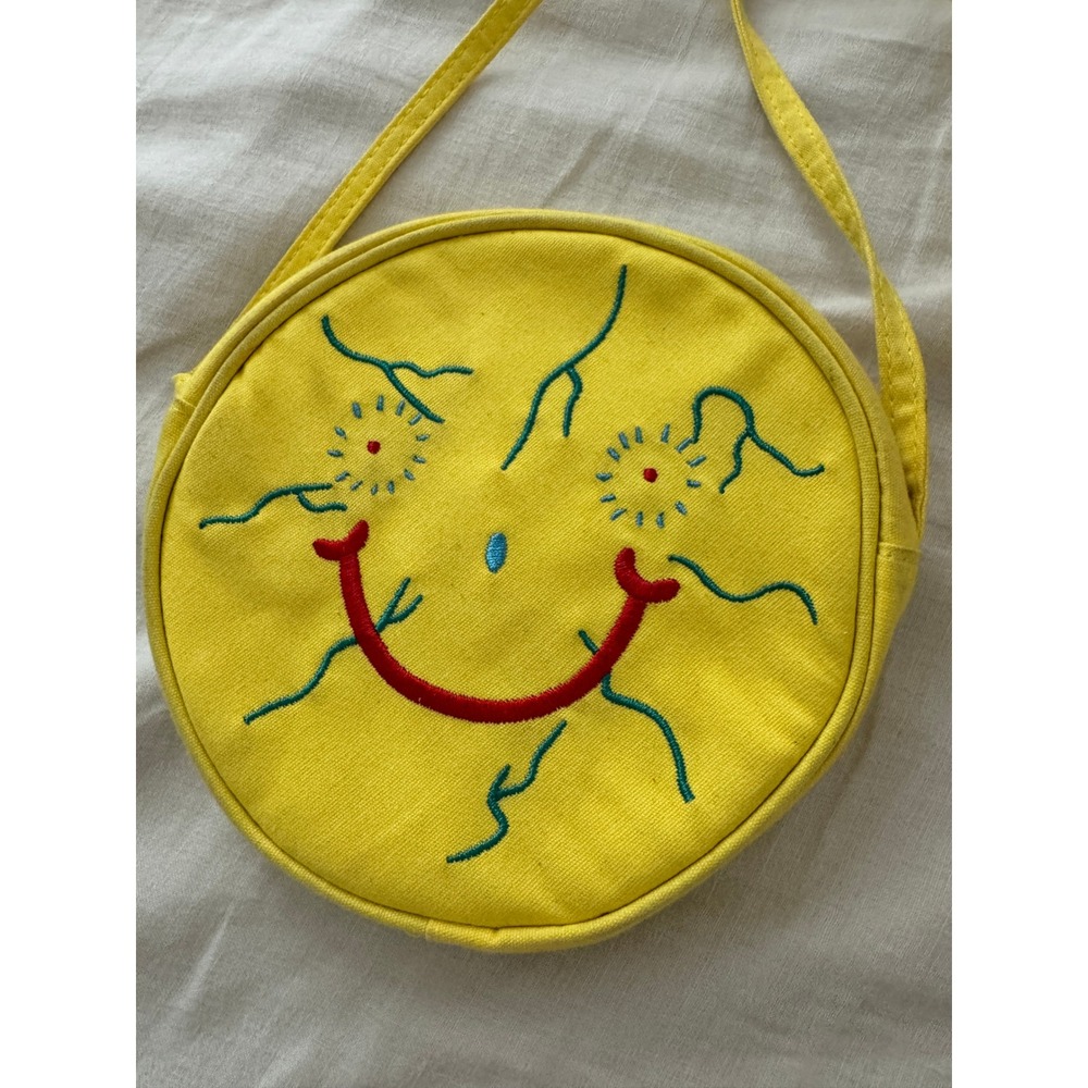 Penelope Gazin Yellow Round Crossbody Purse Bag Embroidered Smiley Face - Picture 2 of 7